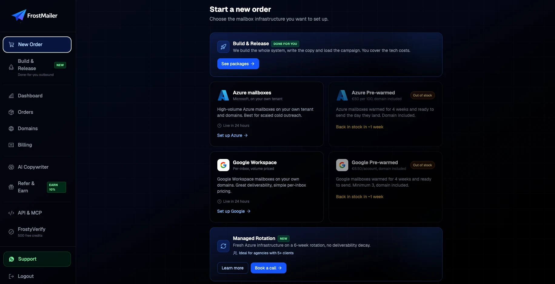 The Frostmailer dashboard: ordering Azure and Google mailboxes, Build and Release, and Managed Rotation