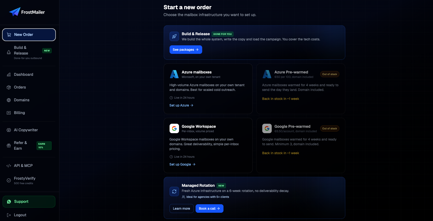 The Frostmailer dashboard: ordering Azure and Google mailboxes, Build and Release, and Managed Rotation